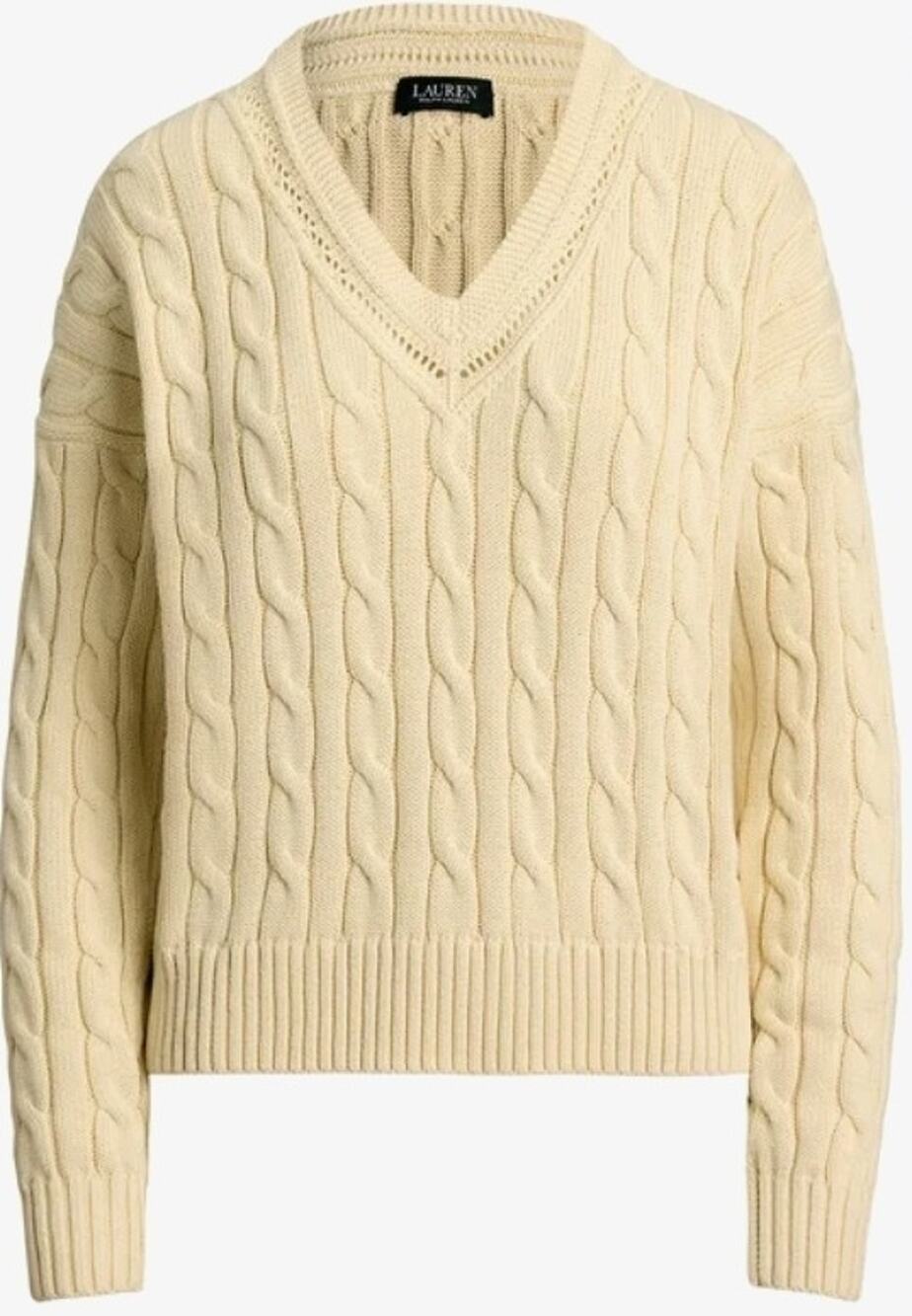 Lauren Ralph Lauren Women's Vneck Relaxed Fit Cable-Knit Cotton Sweater Cream XL